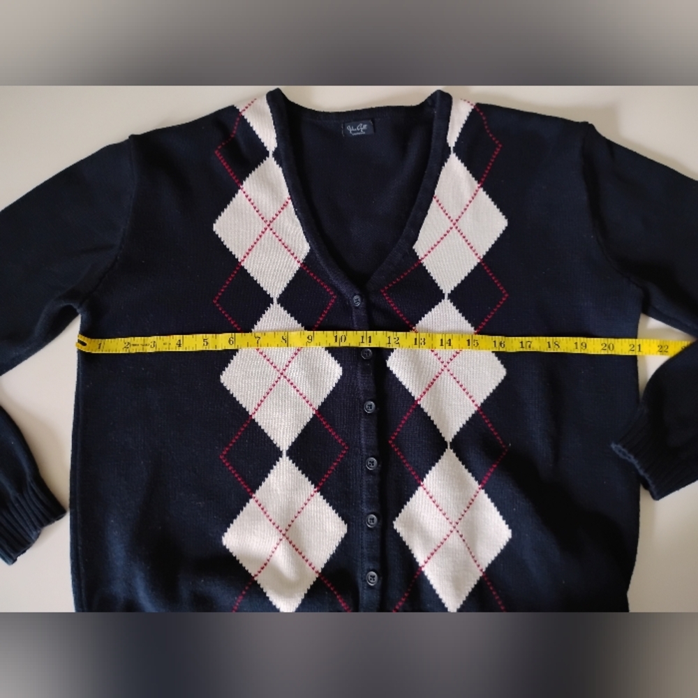 John Galt Cotton V-Neck Cardigan Sweater Navy Blue Red White Tennis Prep Sz Med - Picture 10 of 12